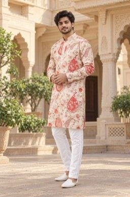Cream red paisley kurta pajama