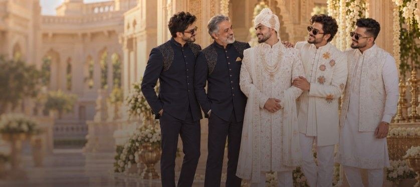 Groom with family in coordinated wedding outfits